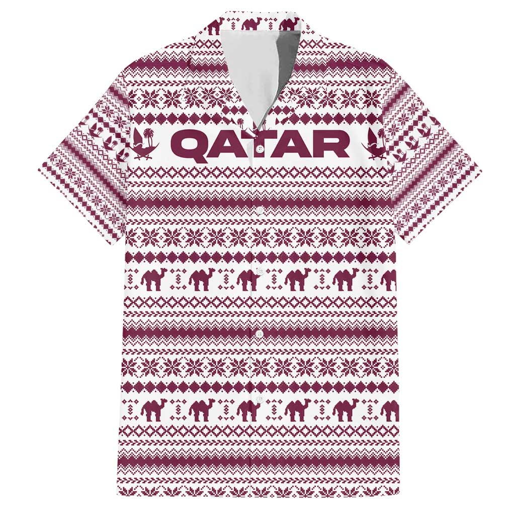 Qatar Christmas Family Matching Short Sleeve Bodycon Dress and Hawaiian Shirt with Maroon-White Pattern, National Emblem, and Camel Motif - Wonder Print Shop