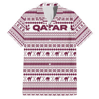 Qatar Christmas Family Matching Short Sleeve Bodycon Dress and Hawaiian Shirt with Maroon-White Pattern, National Emblem, and Camel Motif - Wonder Print Shop