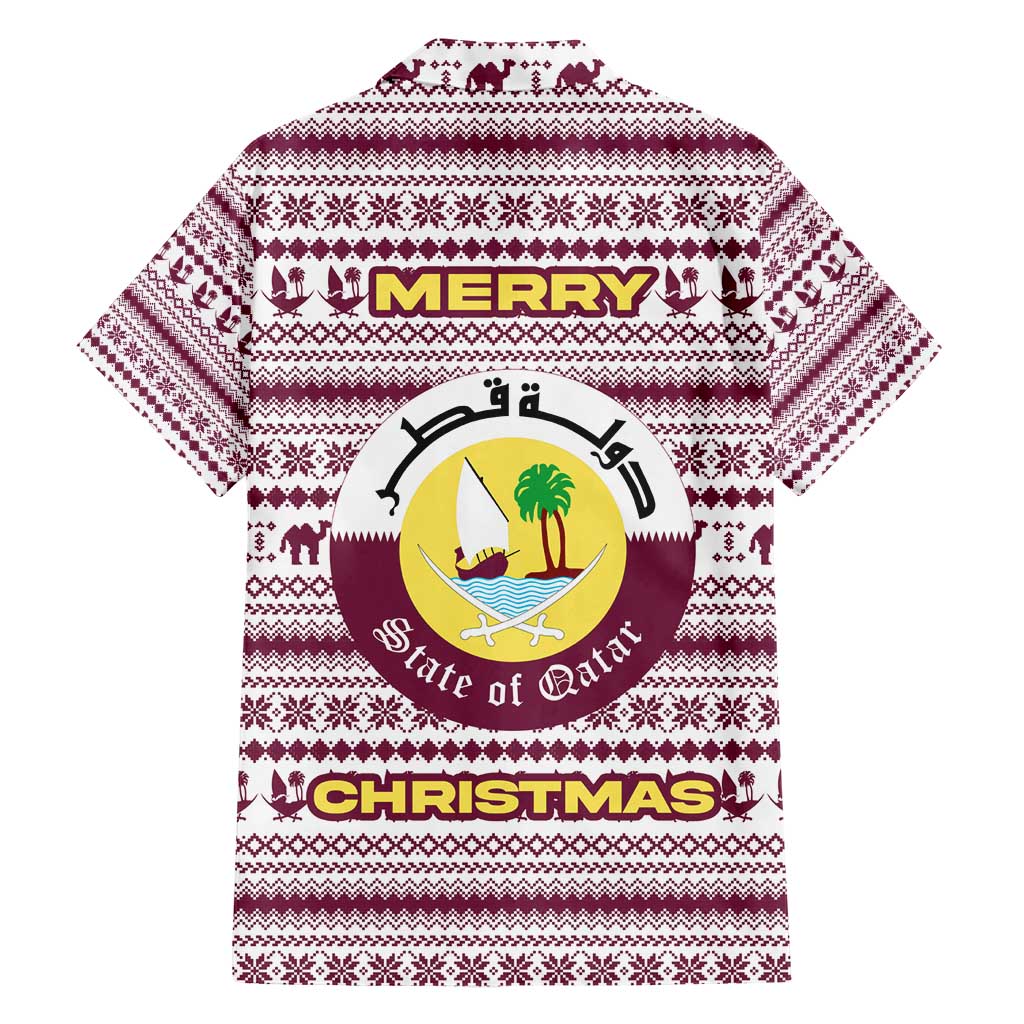 Qatar Christmas Family Matching Short Sleeve Bodycon Dress and Hawaiian Shirt with Maroon-White Pattern, National Emblem, and Camel Motif - Wonder Print Shop
