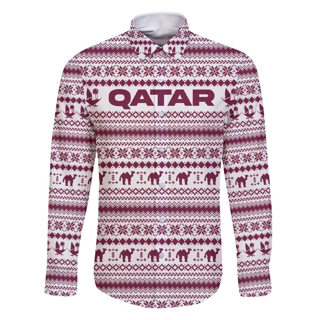 Qatar Christmas Family Matching Short Sleeve Bodycon Dress and Hawaiian Shirt with Maroon-White Pattern, National Emblem, and Camel Motif - Wonder Print Shop