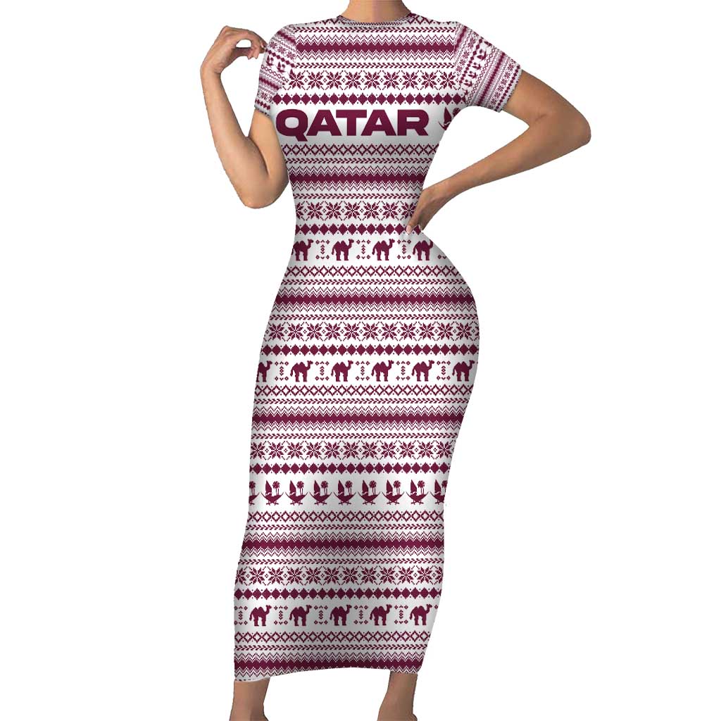Qatar Christmas Family Matching Short Sleeve Bodycon Dress and Hawaiian Shirt with Maroon-White Pattern, National Emblem, and Camel Motif - Wonder Print Shop