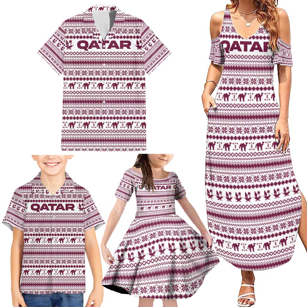 Qatar Christmas Family Matching Summer Maxi Dress and Hawaiian Shirt with Maroon-White Pattern, National Emblem, and Camel Motif - Wonder Print Shop