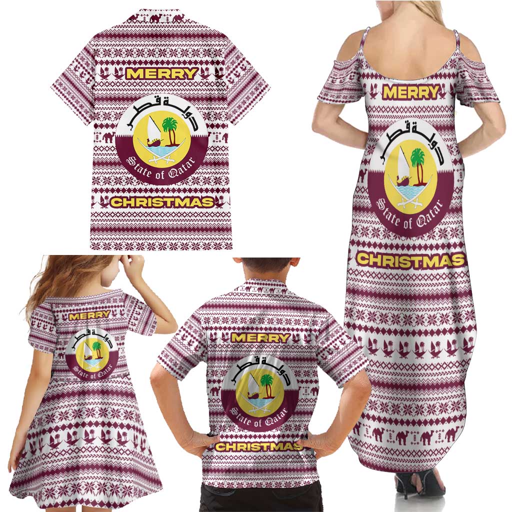 Qatar Christmas Family Matching Summer Maxi Dress and Hawaiian Shirt with Maroon-White Pattern, National Emblem, and Camel Motif - Wonder Print Shop
