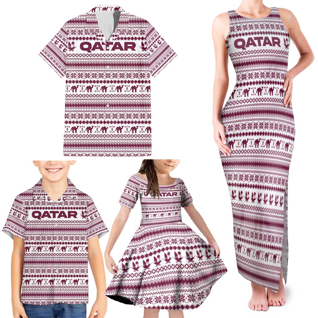 Qatar Christmas Family Matching Tank Maxi Dress and Hawaiian Shirt with Maroon-White Pattern, National Emblem, and Camel Motif - Wonder Print Shop