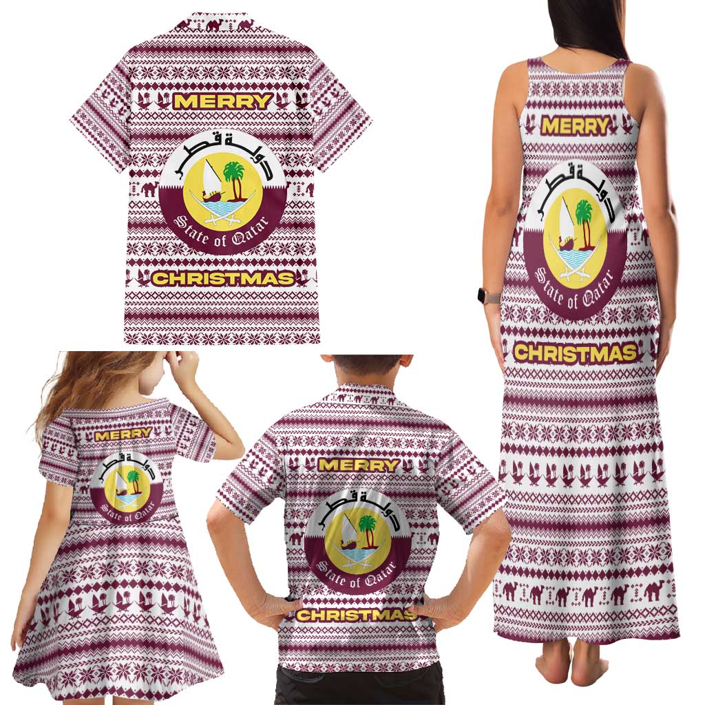 Qatar Christmas Family Matching Tank Maxi Dress and Hawaiian Shirt with Maroon-White Pattern, National Emblem, and Camel Motif - Wonder Print Shop