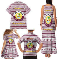 Qatar Christmas Family Matching Tank Maxi Dress and Hawaiian Shirt with Maroon-White Pattern, National Emblem, and Camel Motif - Wonder Print Shop