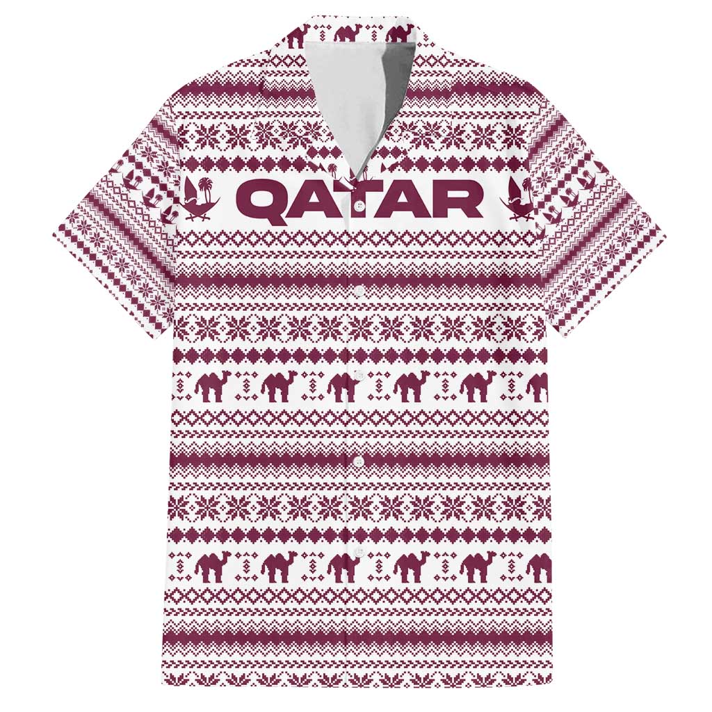Qatar Christmas Family Matching Tank Maxi Dress and Hawaiian Shirt with Maroon-White Pattern, National Emblem, and Camel Motif - Wonder Print Shop