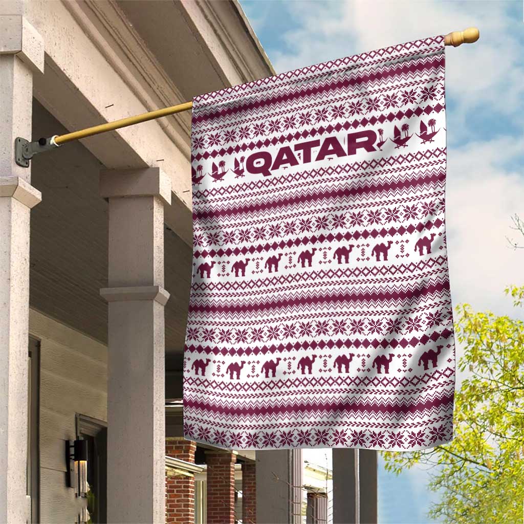 Qatar Christmas Garden Flag with Maroon-White Pattern, National Emblem, and Camel Motif - Wonder Print Shop