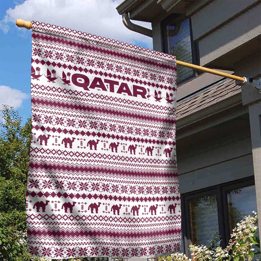 Qatar Christmas Garden Flag with Maroon-White Pattern, National Emblem, and Camel Motif - Wonder Print Shop