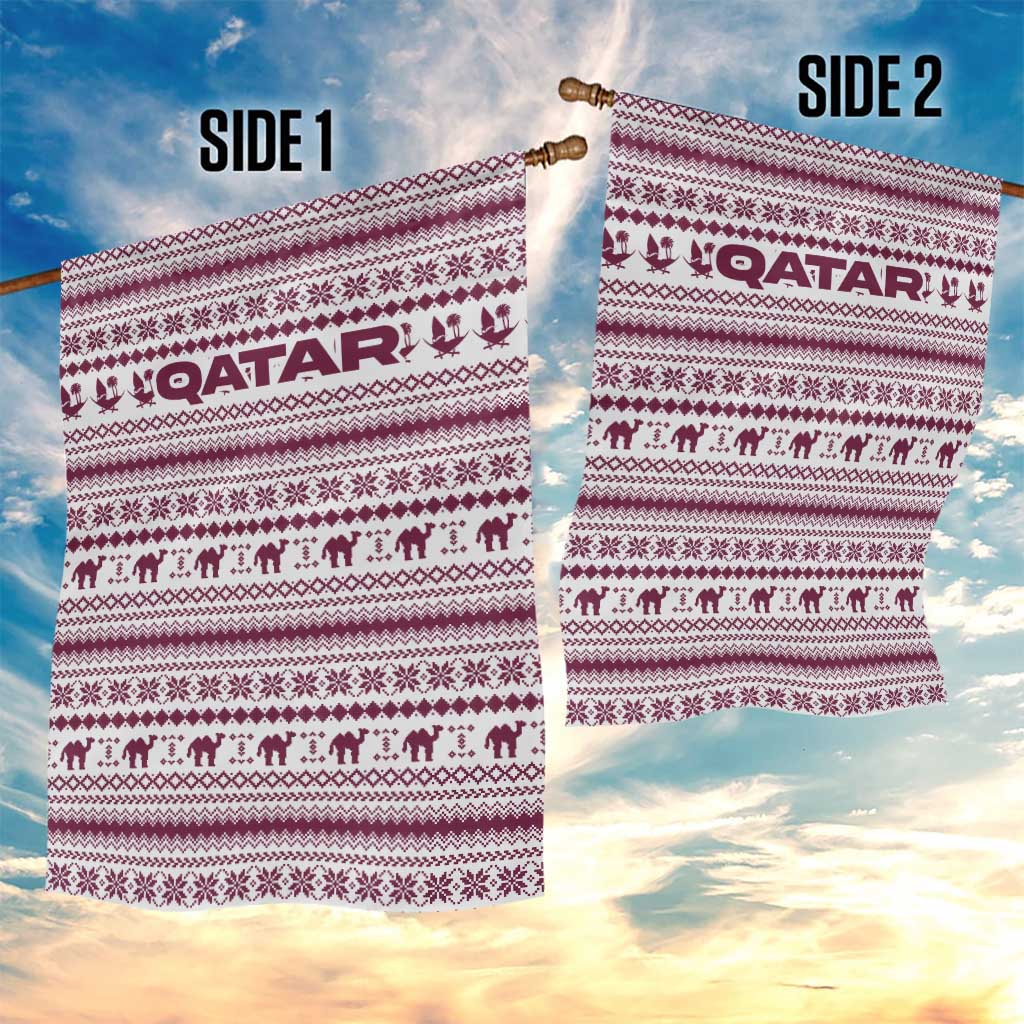 Qatar Christmas Garden Flag with Maroon-White Pattern, National Emblem, and Camel Motif - Wonder Print Shop