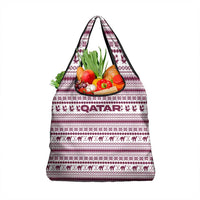 Qatar Christmas Grocery Bag with Maroon-White Pattern, National Emblem, and Camel Motif - Wonder Print Shop