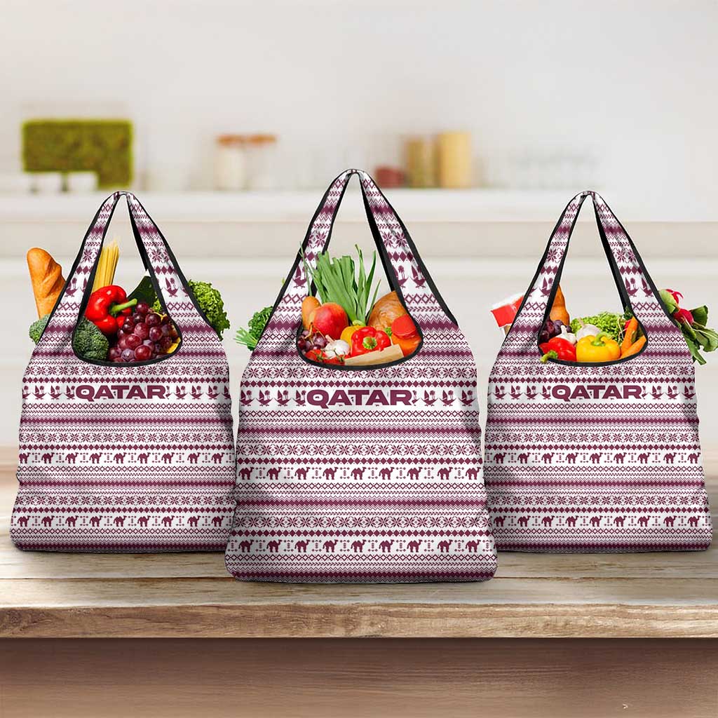 Qatar Christmas Grocery Bag with Maroon-White Pattern, National Emblem, and Camel Motif - Wonder Print Shop