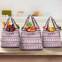Qatar Christmas Grocery Bag with Maroon-White Pattern, National Emblem, and Camel Motif - Wonder Print Shop