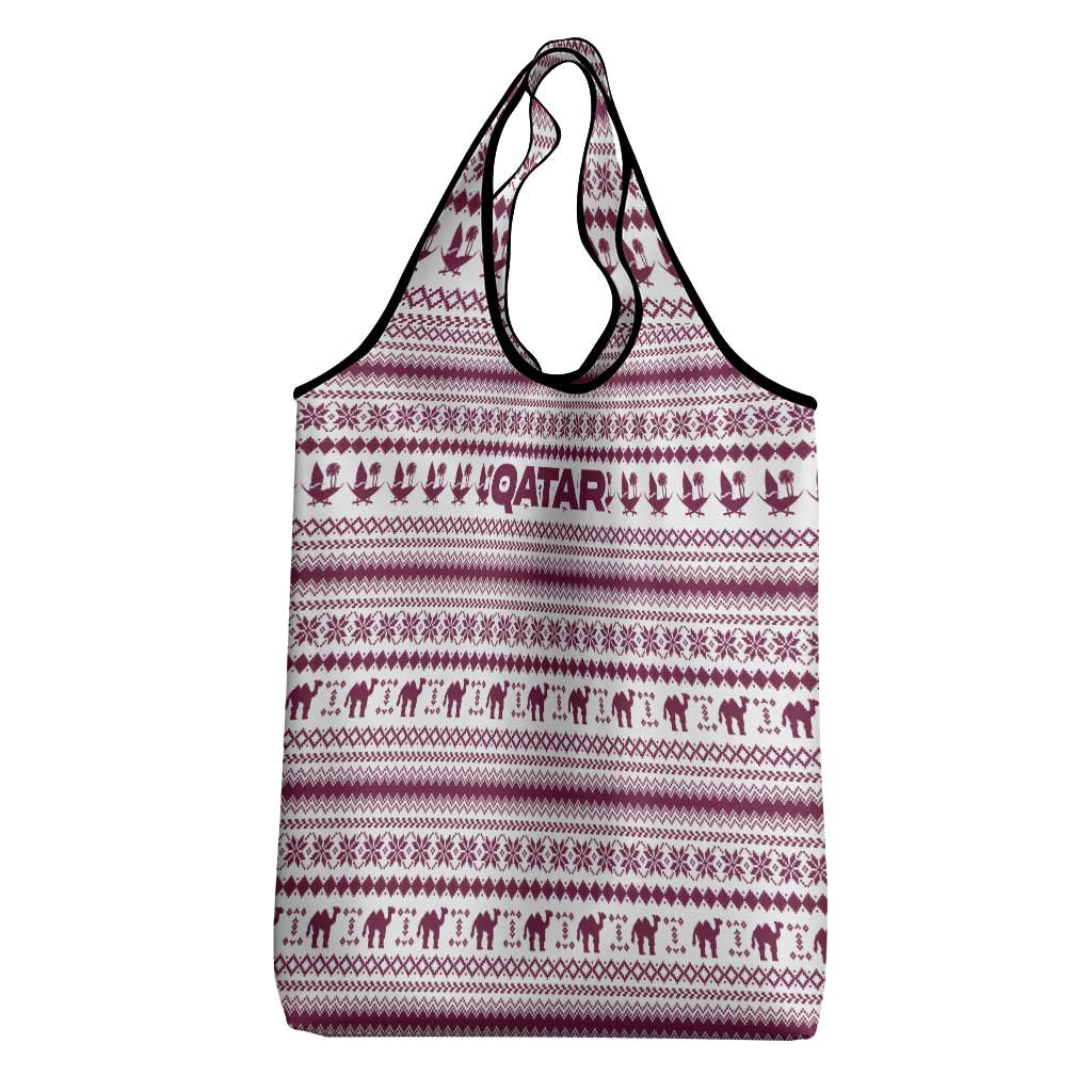 Qatar Christmas Grocery Bag with Maroon-White Pattern, National Emblem, and Camel Motif - Wonder Print Shop