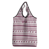 Qatar Christmas Grocery Bag with Maroon-White Pattern, National Emblem, and Camel Motif - Wonder Print Shop