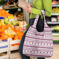 Qatar Christmas Grocery Bag with Maroon-White Pattern, National Emblem, and Camel Motif - Wonder Print Shop