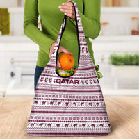 Qatar Christmas Grocery Bag with Maroon-White Pattern, National Emblem, and Camel Motif - Wonder Print Shop