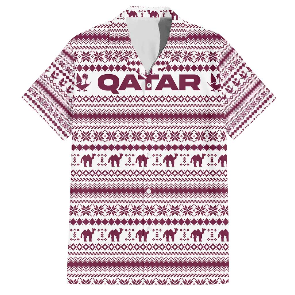 Qatar Christmas Hawaiian Shirt with Maroon-White Pattern, National Emblem, and Camel Motif - Wonder Print Shop