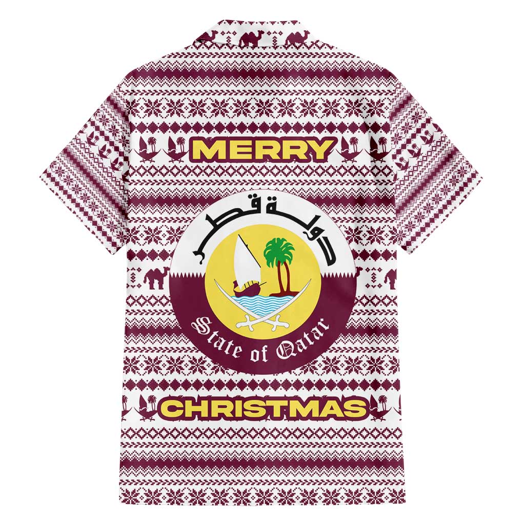 Qatar Christmas Hawaiian Shirt with Maroon-White Pattern, National Emblem, and Camel Motif - Wonder Print Shop