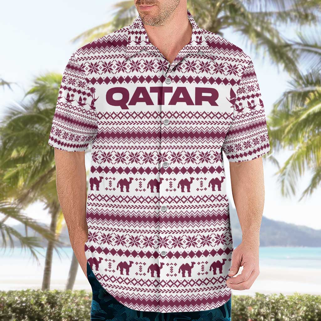 Qatar Christmas Hawaiian Shirt with Maroon-White Pattern, National Emblem, and Camel Motif - Wonder Print Shop