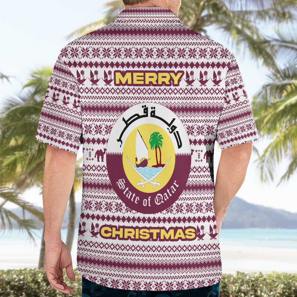 Qatar Christmas Hawaiian Shirt with Maroon-White Pattern, National Emblem, and Camel Motif - Wonder Print Shop
