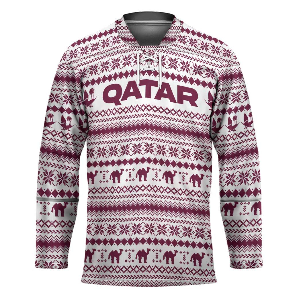 Qatar Christmas Hockey Jersey with Maroon-White Pattern, National Emblem, and Camel Motif - Wonder Print Shop