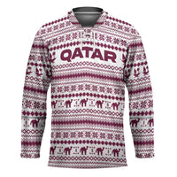 Qatar Christmas Hockey Jersey with Maroon-White Pattern, National Emblem, and Camel Motif - Wonder Print Shop