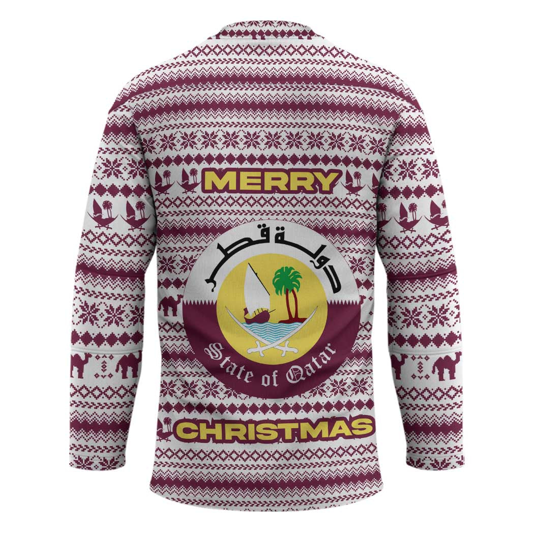 Qatar Christmas Hockey Jersey with Maroon-White Pattern, National Emblem, and Camel Motif - Wonder Print Shop