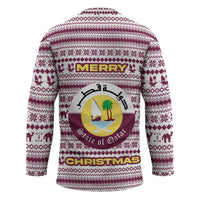 Qatar Christmas Hockey Jersey with Maroon-White Pattern, National Emblem, and Camel Motif - Wonder Print Shop
