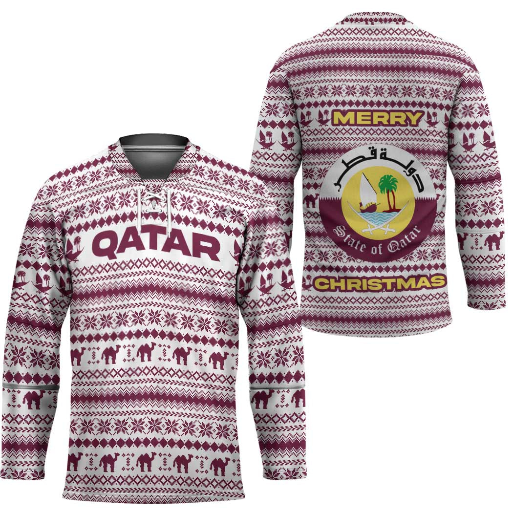 Qatar Christmas Hockey Jersey with Maroon-White Pattern, National Emblem, and Camel Motif - Wonder Print Shop