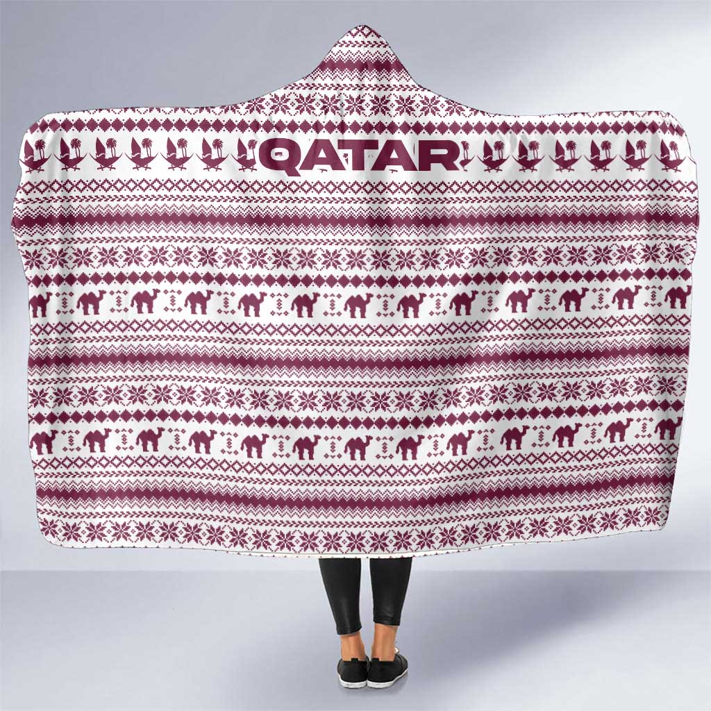 Qatar Christmas Hooded Blanket with Maroon-White Pattern, National Emblem, and Camel Motif - Wonder Print Shop