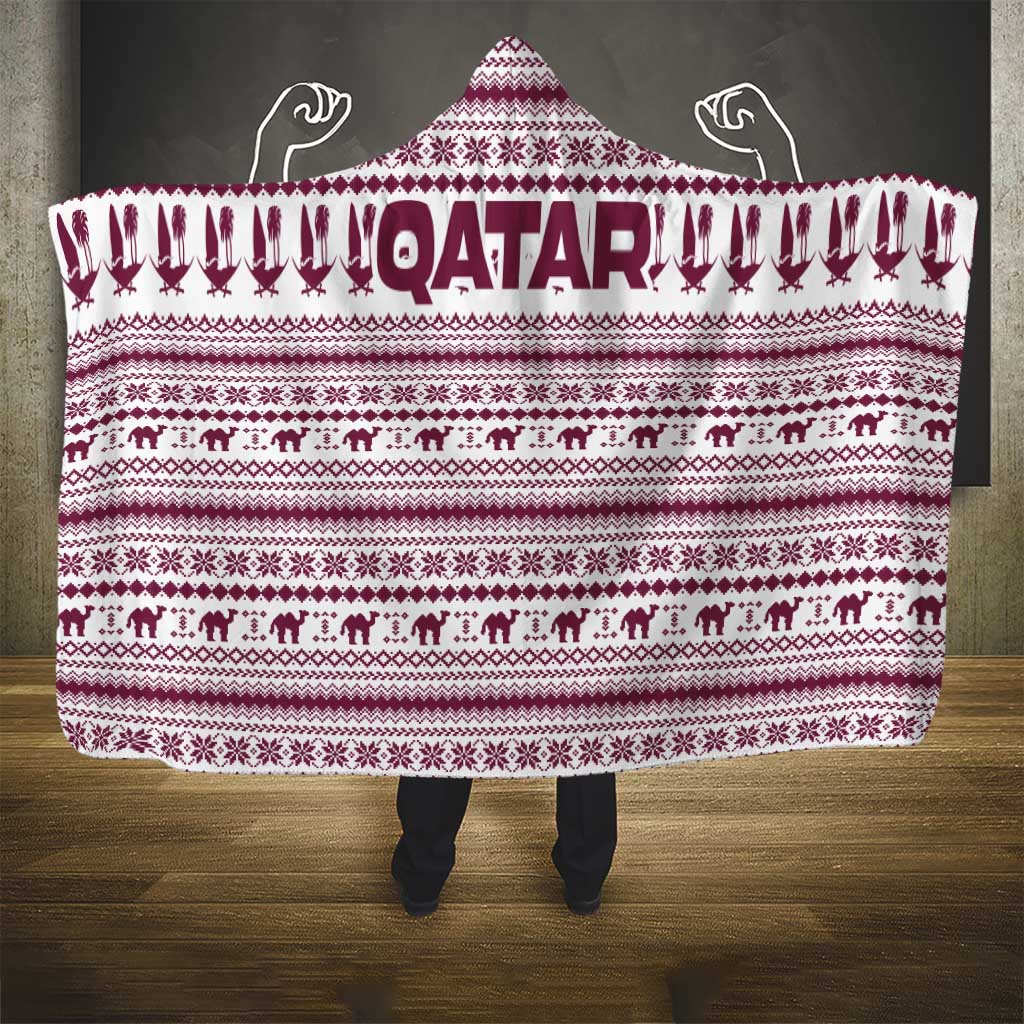 Qatar Christmas Hooded Blanket with Maroon-White Pattern, National Emblem, and Camel Motif - Wonder Print Shop