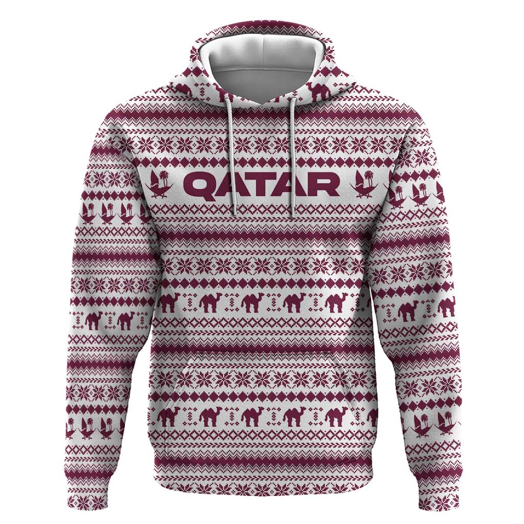 Qatar Christmas Hoodie with Maroon-White Pattern, National Emblem, and Camel Motif - Wonder Print Shop