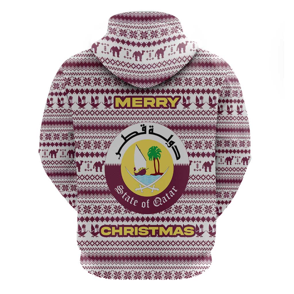 Qatar Christmas Hoodie with Maroon-White Pattern, National Emblem, and Camel Motif - Wonder Print Shop
