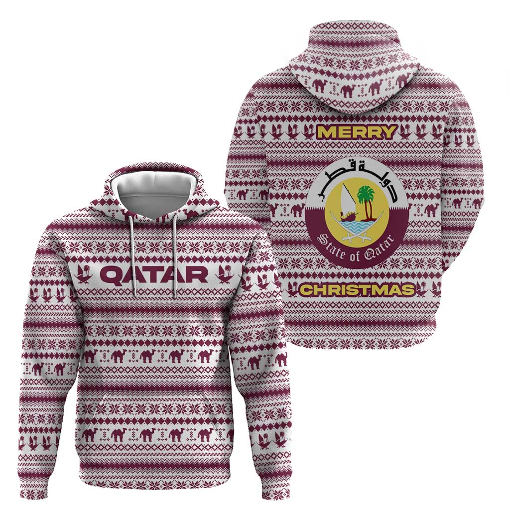 Qatar Christmas Hoodie with Maroon-White Pattern, National Emblem, and Camel Motif - Wonder Print Shop