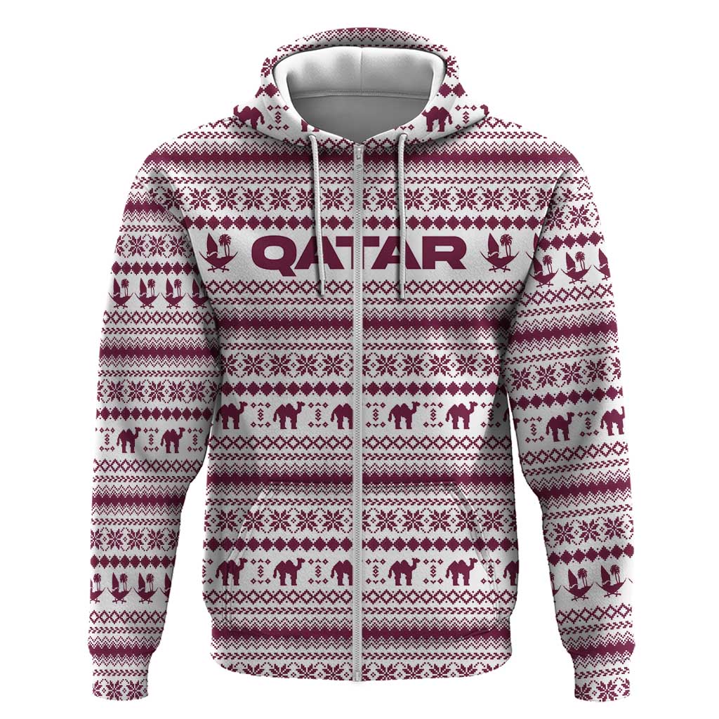 Qatar Christmas Hoodie with Maroon-White Pattern, National Emblem, and Camel Motif - Wonder Print Shop