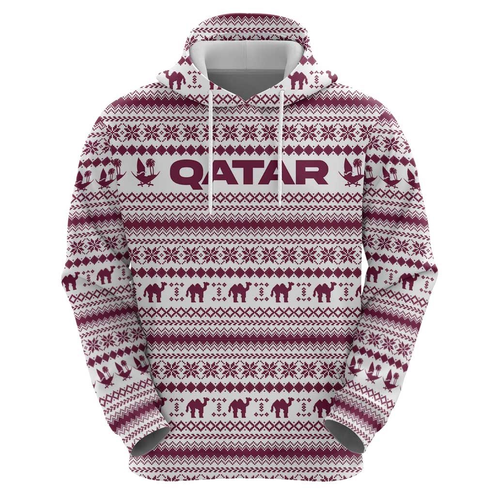 Qatar Christmas Hoodie with Maroon-White Pattern, National Emblem, and Camel Motif - Wonder Print Shop