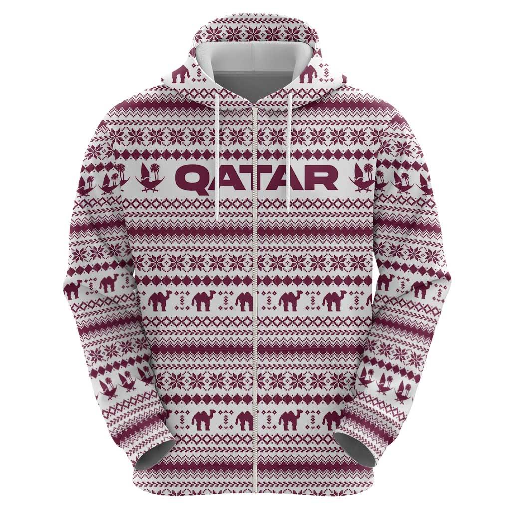 Qatar Christmas Hoodie with Maroon-White Pattern, National Emblem, and Camel Motif - Wonder Print Shop