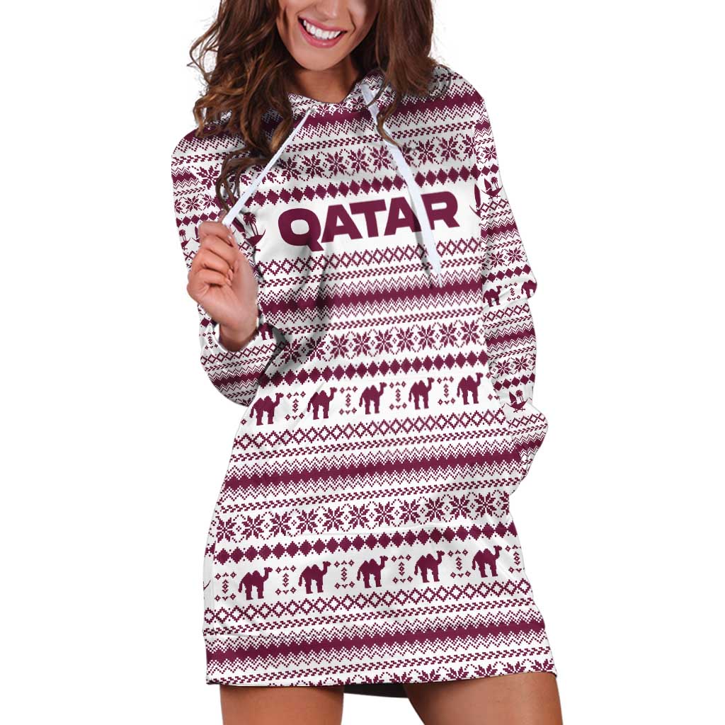 Qatar Christmas Hoodie Dress with Maroon-White Pattern, National Emblem, and Camel Motif - Wonder Print Shop