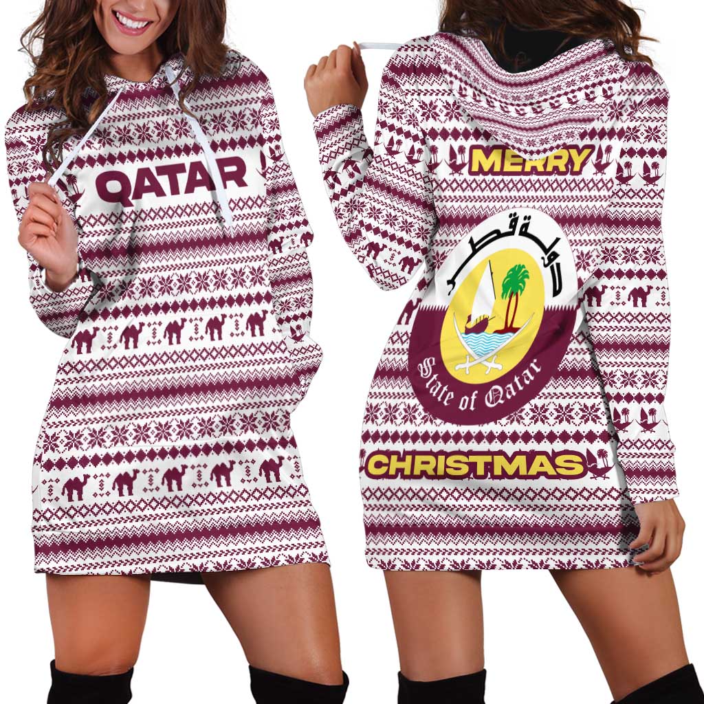 Qatar Christmas Hoodie Dress with Maroon-White Pattern, National Emblem, and Camel Motif - Wonder Print Shop