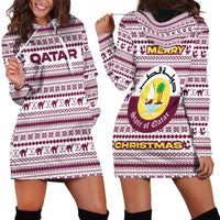 Qatar Christmas Hoodie Dress with Maroon-White Pattern, National Emblem, and Camel Motif - Wonder Print Shop