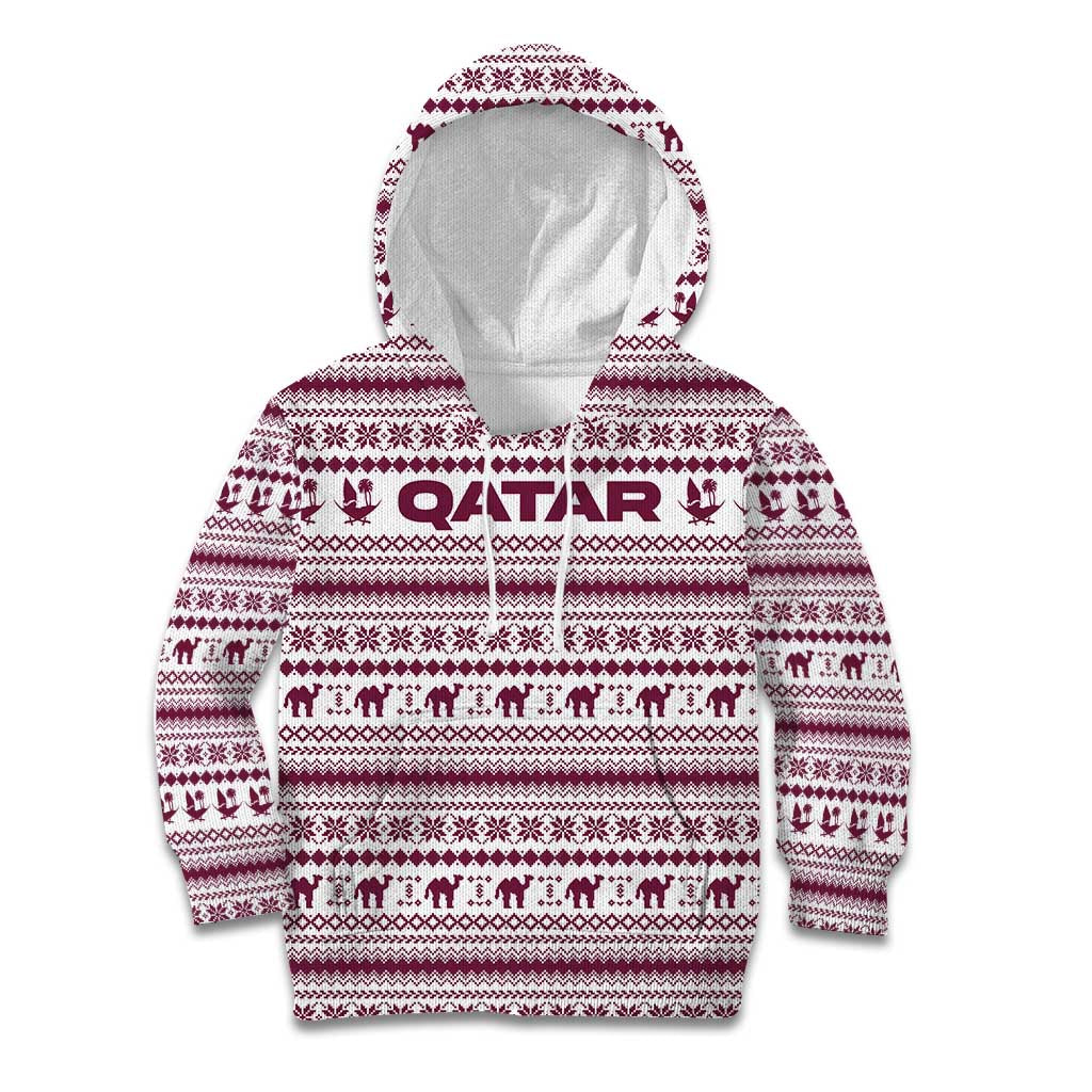 Qatar Christmas Kid Hoodie with Maroon-White Pattern, National Emblem, and Camel Motif - Wonder Print Shop