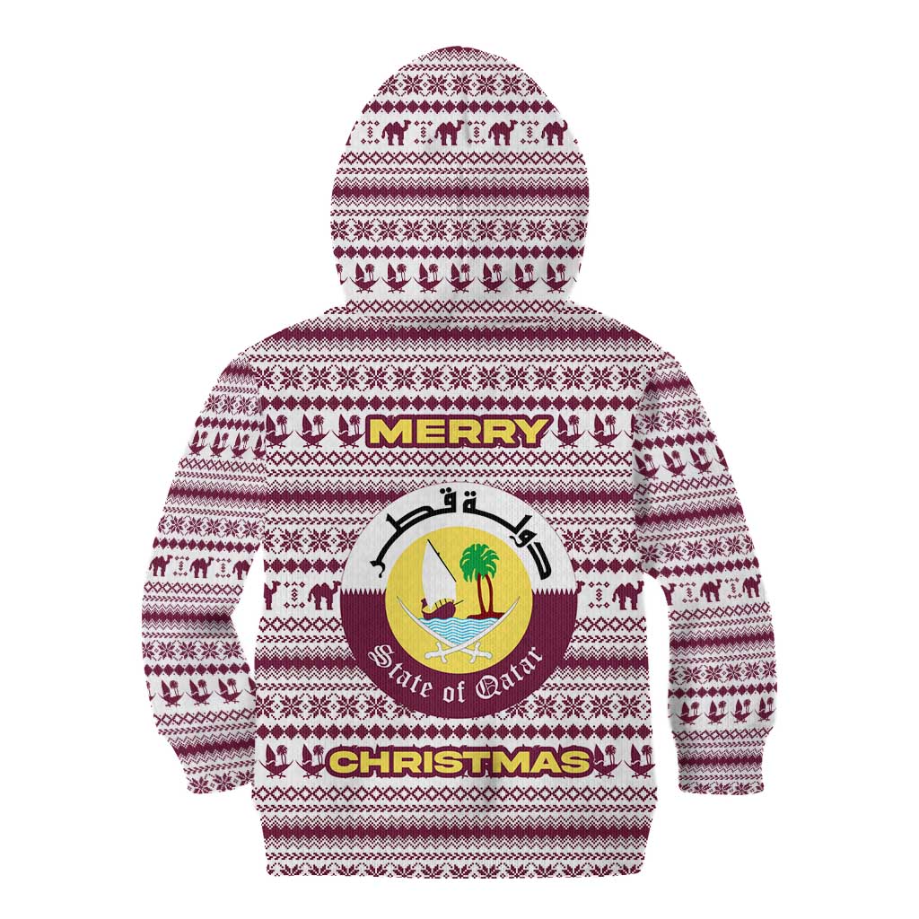 Qatar Christmas Kid Hoodie with Maroon-White Pattern, National Emblem, and Camel Motif - Wonder Print Shop