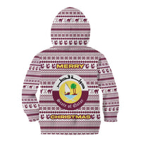 Qatar Christmas Kid Hoodie with Maroon-White Pattern, National Emblem, and Camel Motif - Wonder Print Shop