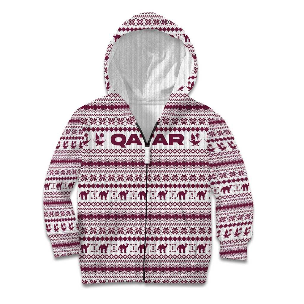 Qatar Christmas Kid Hoodie with Maroon-White Pattern, National Emblem, and Camel Motif - Wonder Print Shop