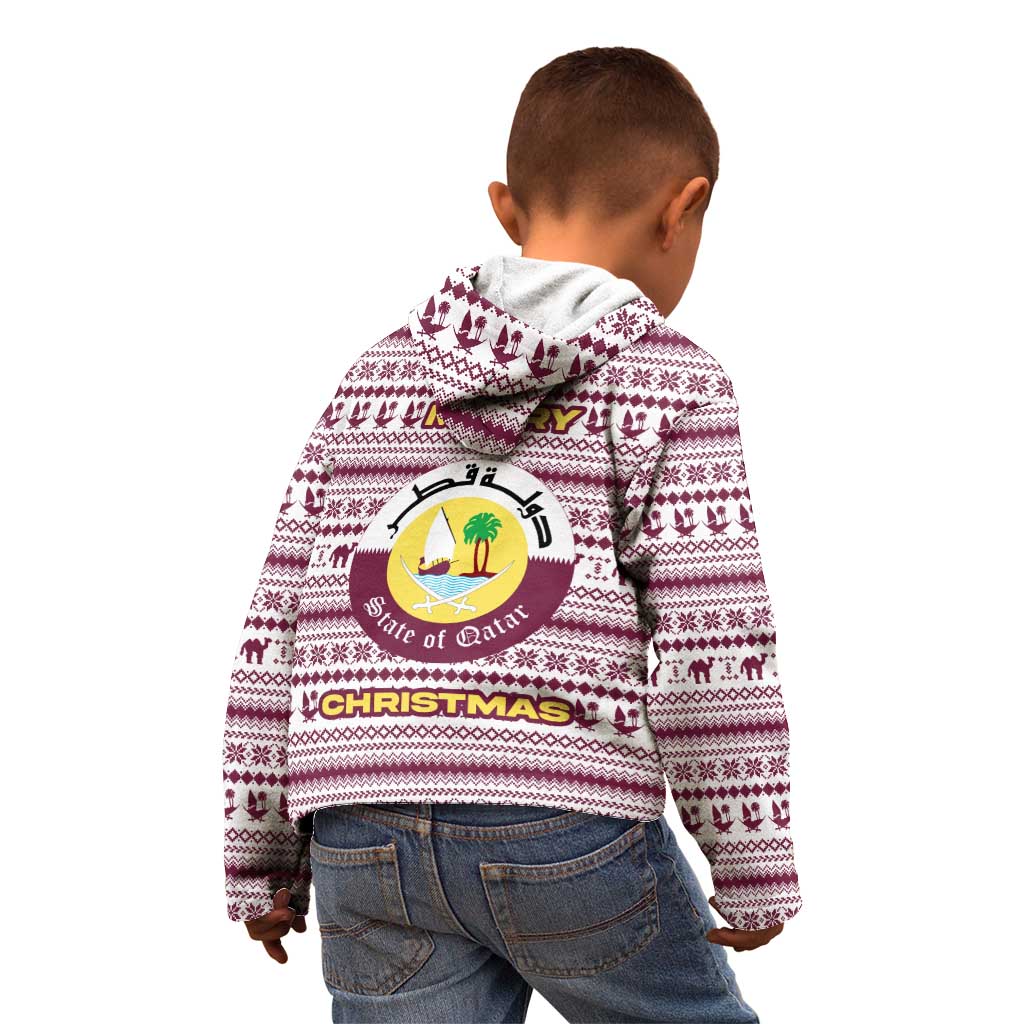 Qatar Christmas Kid Hoodie with Maroon-White Pattern, National Emblem, and Camel Motif - Wonder Print Shop