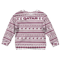 Qatar Christmas Kid Ugly Christmas Sweater with Maroon-White Pattern, National Emblem, and Camel Motif - Wonder Print Shop