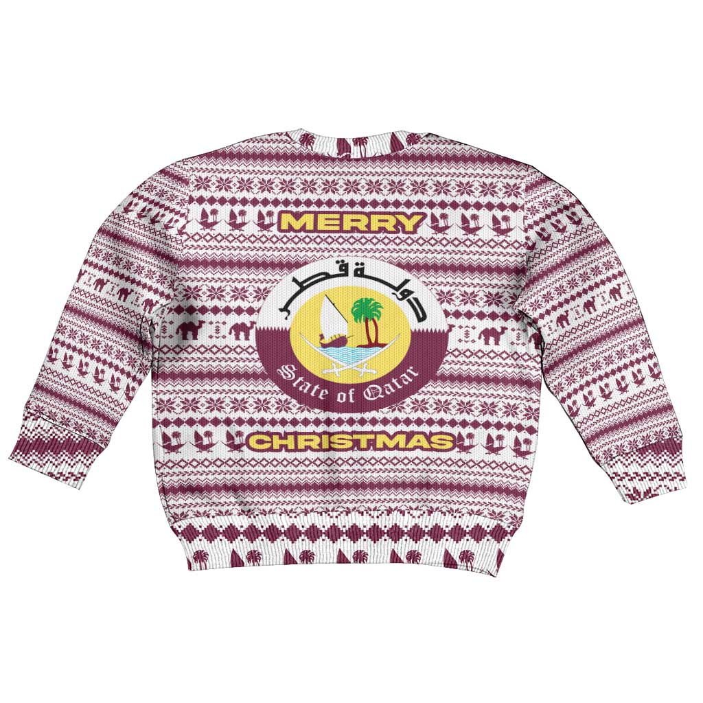 Qatar Christmas Kid Ugly Christmas Sweater with Maroon-White Pattern, National Emblem, and Camel Motif - Wonder Print Shop