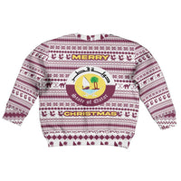 Qatar Christmas Kid Ugly Christmas Sweater with Maroon-White Pattern, National Emblem, and Camel Motif - Wonder Print Shop