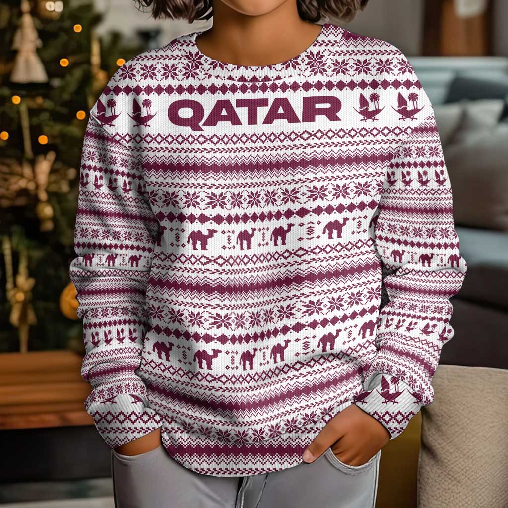Qatar Christmas Kid Ugly Christmas Sweater with Maroon-White Pattern, National Emblem, and Camel Motif - Wonder Print Shop